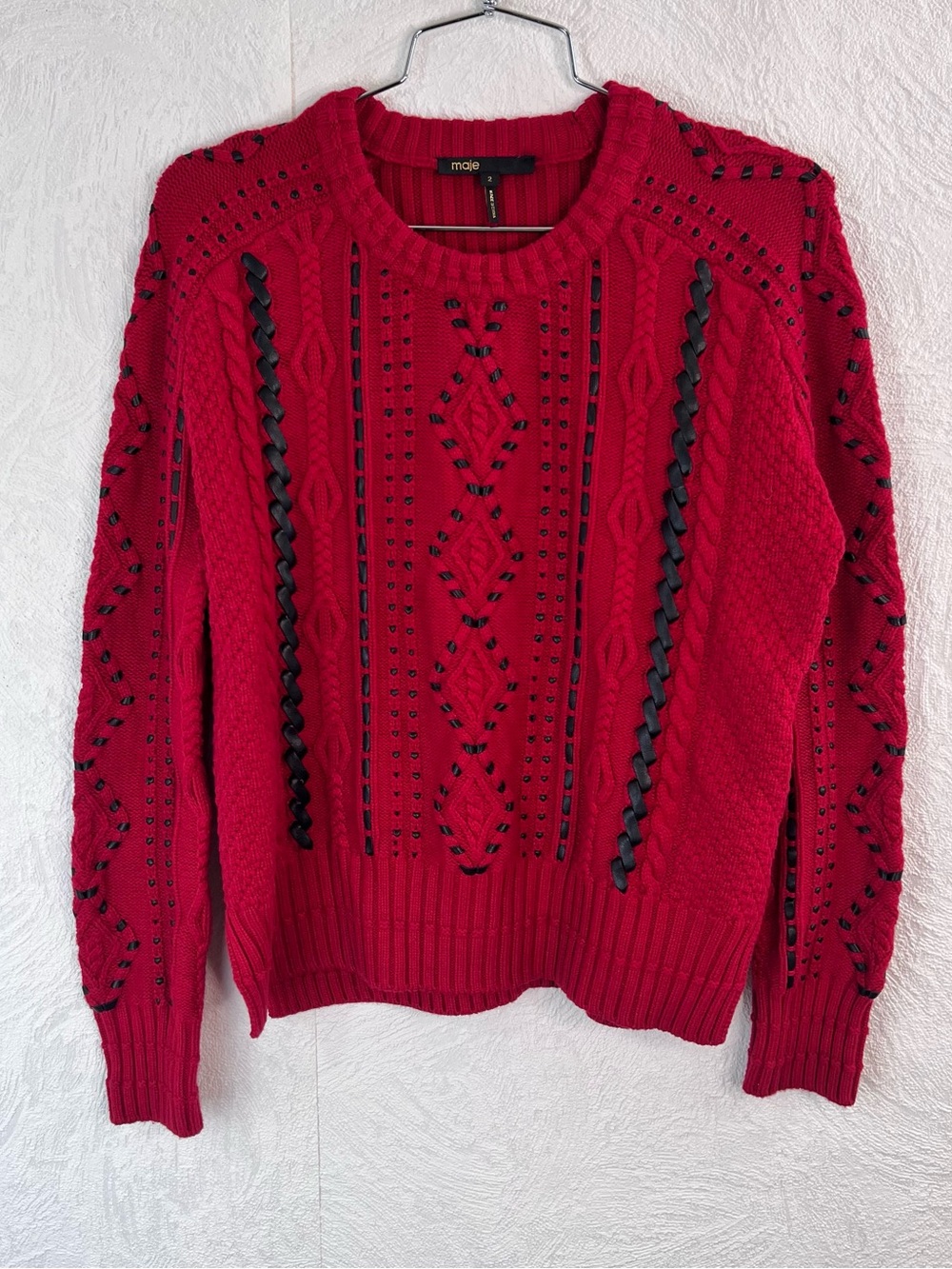 Maje Red Braided-Trim Cable Knit Sweater with Faux leather woven in Size Small